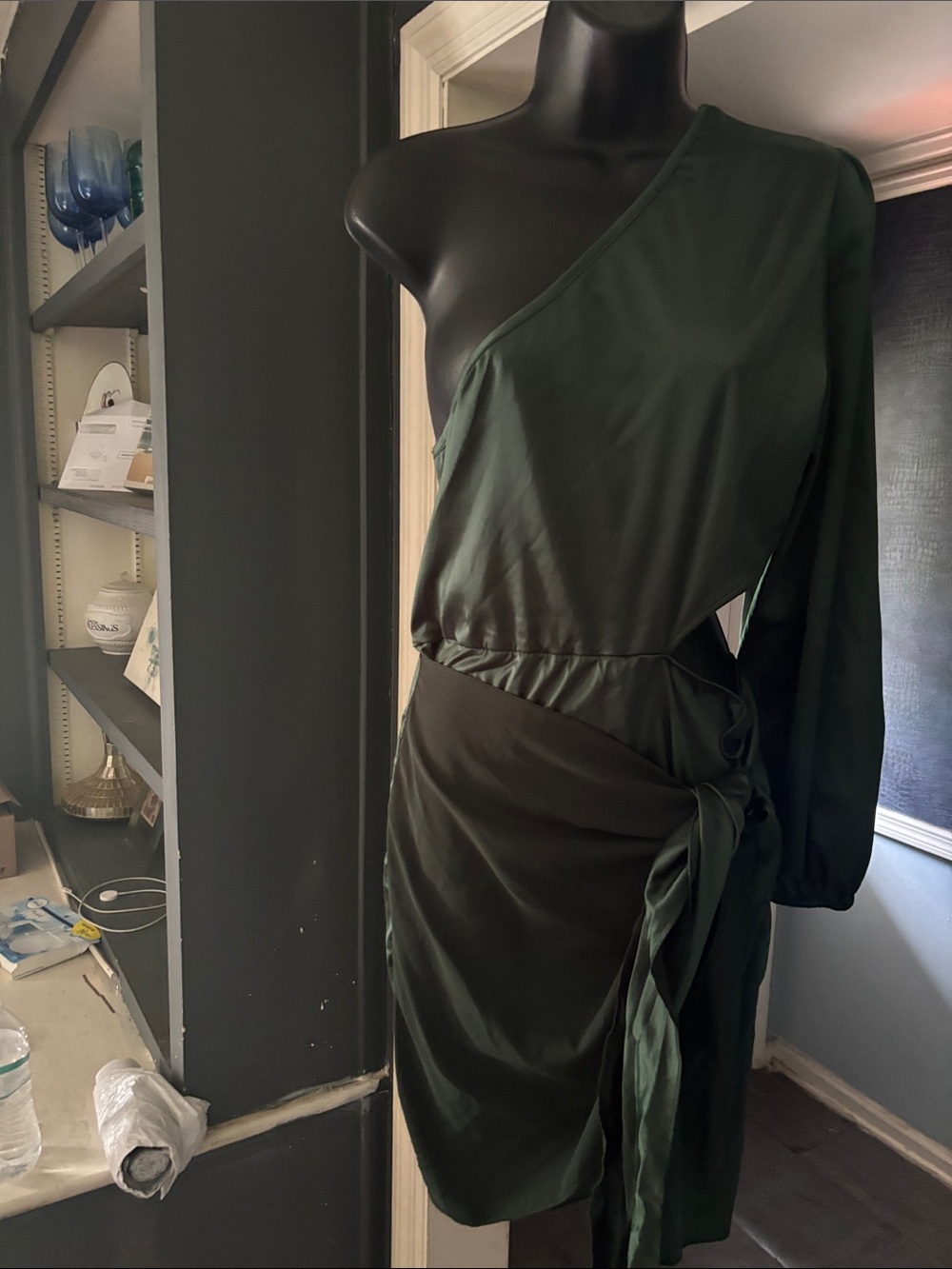 Asymmetric One-Shoulder Dark Green Wrap Dress
